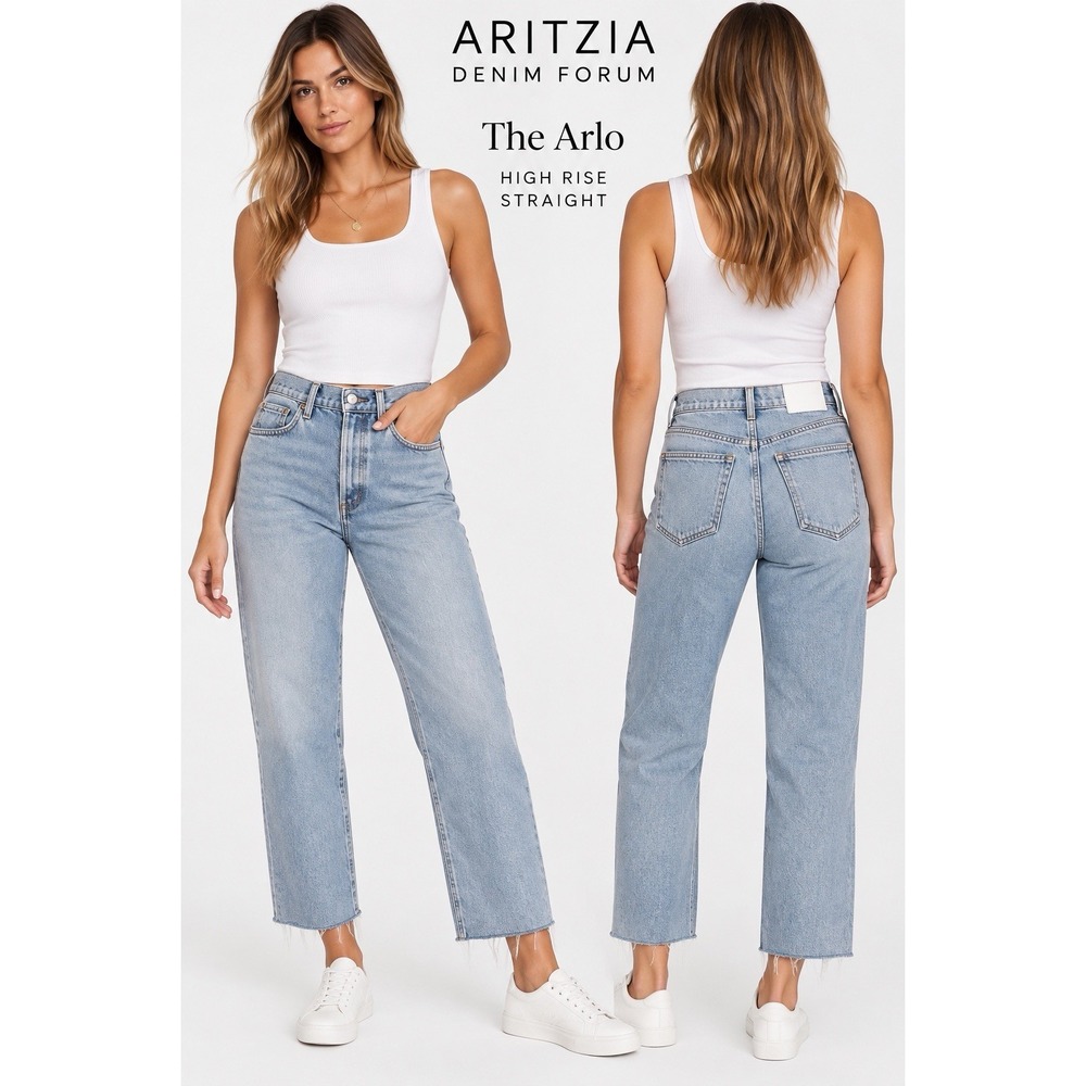 Aritzia Denim Forum Arlo High Rise Straight Jeans 26 Light Wash Raw Hem